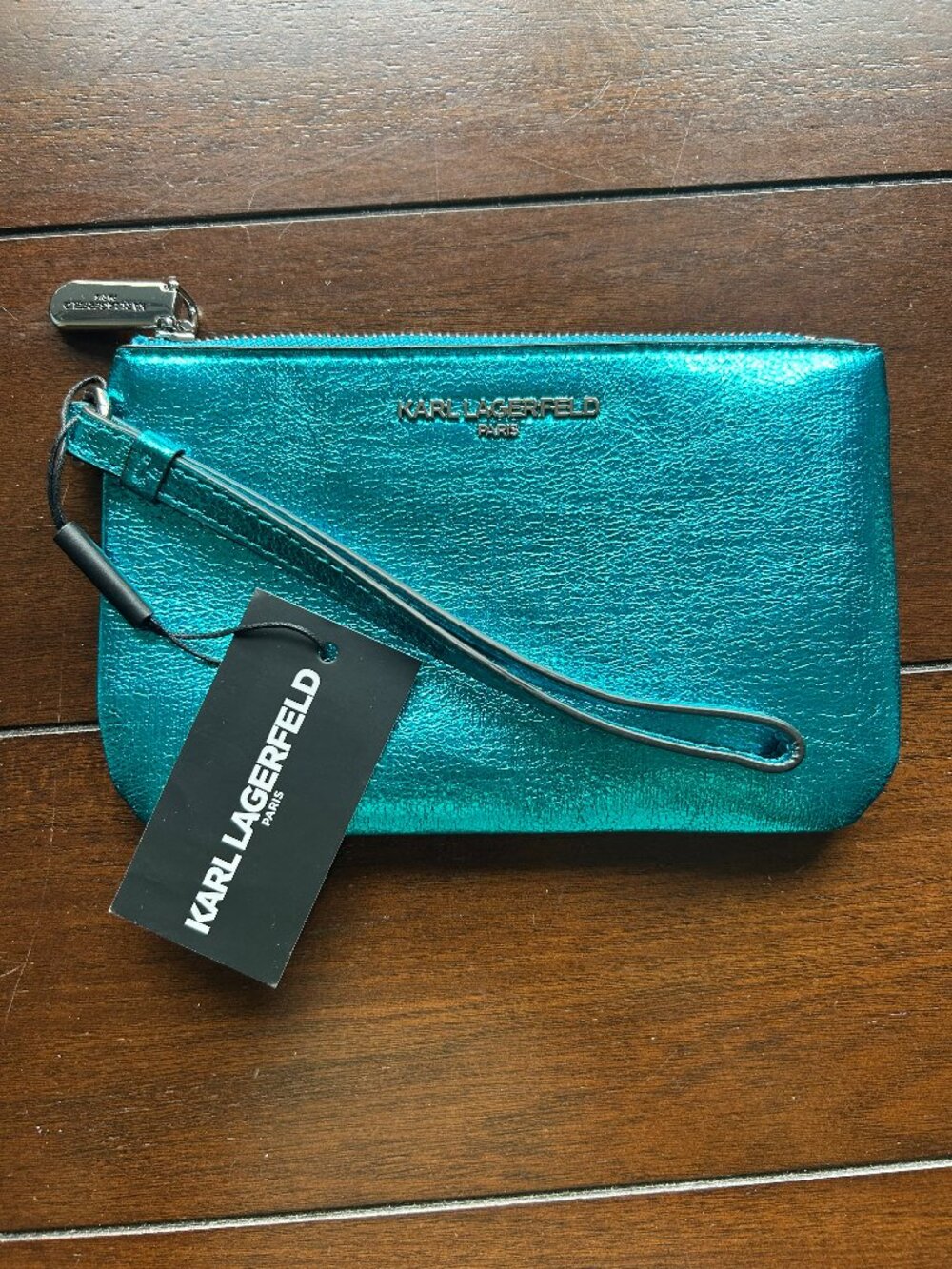 KARL LAGERFELD PARIS Metallic Blue Wristlet